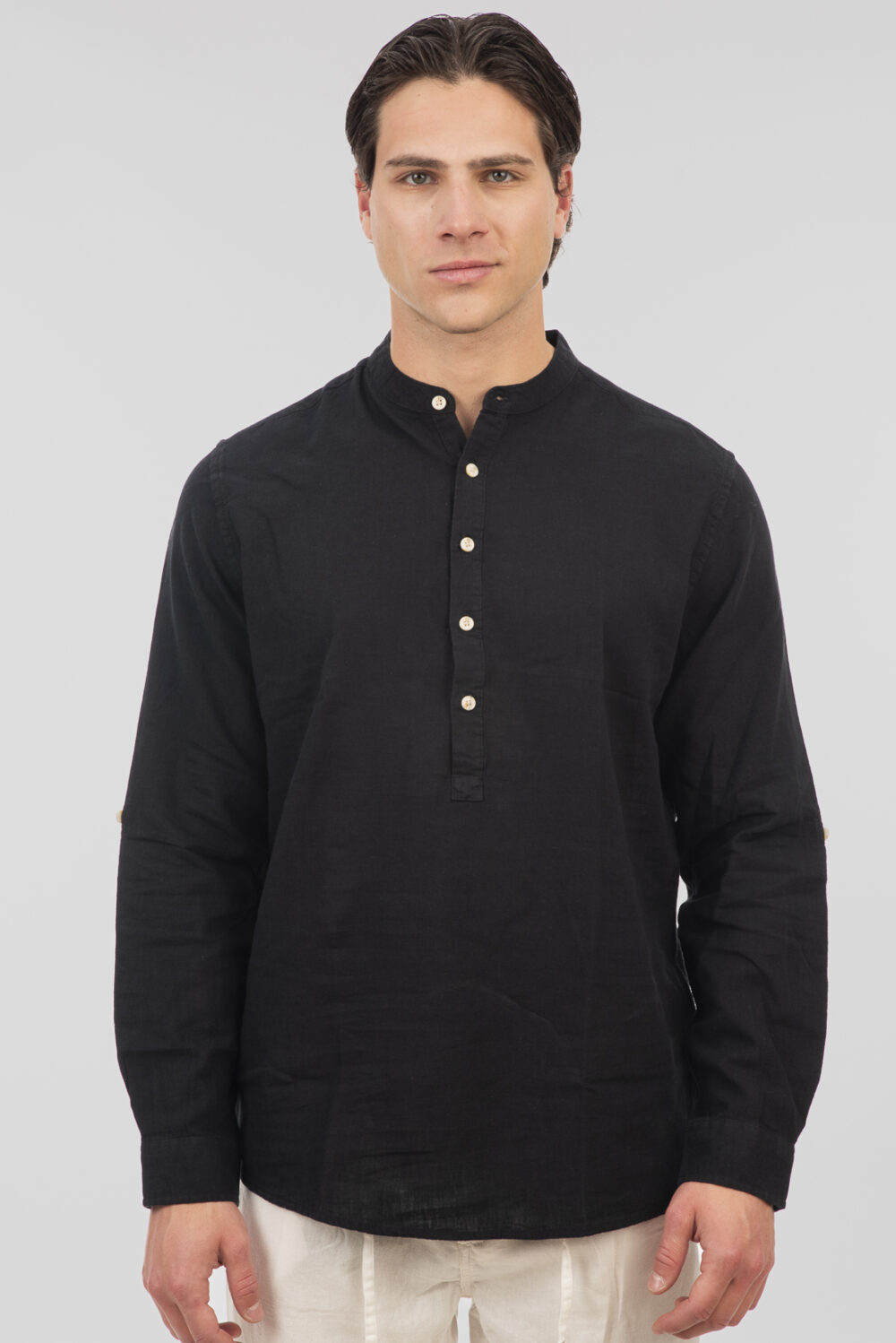 Shirt Linen Blend, Mao Collar and Half Button - Black - Rebase