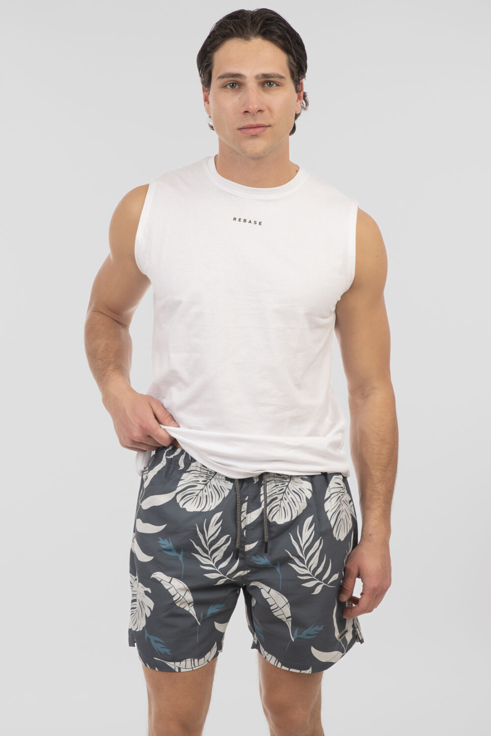 Swim Shorts in Floral Print  - Stone Grey - Rebase