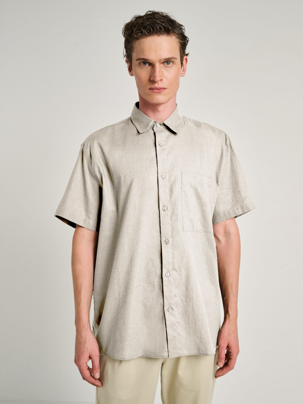 Grant Ανδρικό Πουκάμισο Λινο Κοντό Μανίκι- STONE